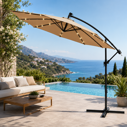 Umbrela Solara de Gradina 305 cm, 24 LED, Inclinare Reglabila, Bej
