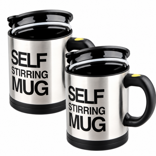 Set 2 Căni cu Amestecare Automată Self Stirring Mug, Inox, Capac, Buton Pornire