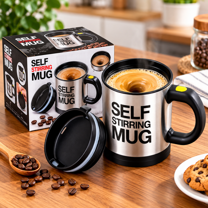 Set 2 Căni cu Amestecare Automată Self Stirring Mug, Inox, Capac, Buton Pornire