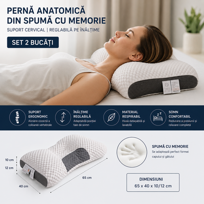 Set 2 Perne Anatomice din Spumă cu Memorie, Reglabile pe Înălțime, Suport Cervical, Husă Respirabilă, 65 x 40 cm