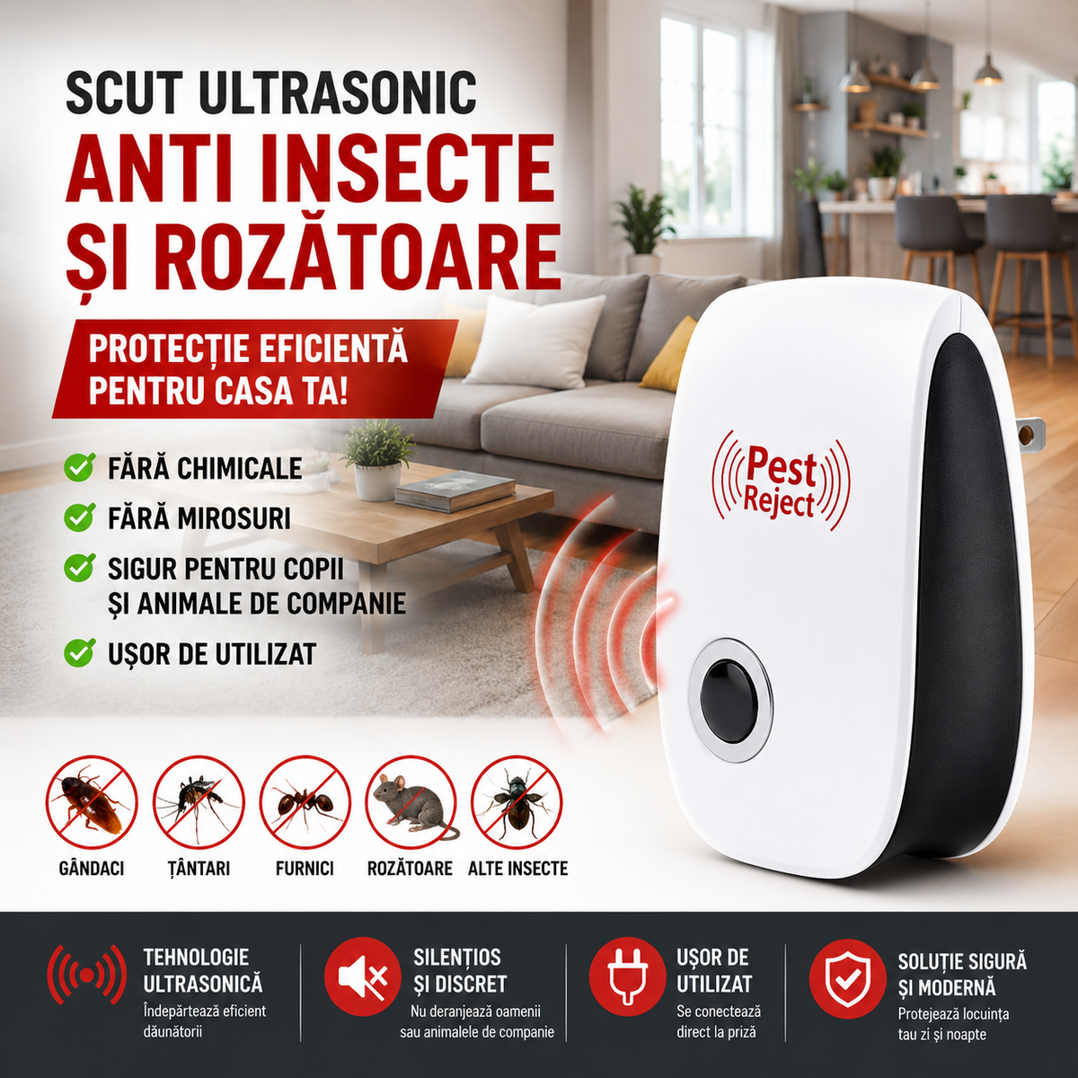 Set 5 Bucati Aparat Ultrasonic Anti Tantari, Gandaci, Furnici si Rozatoare