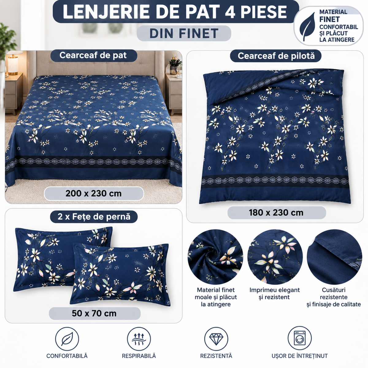 Lenjerie de Pat din Finet, 4 Piese, Model Floral, Bleumarin