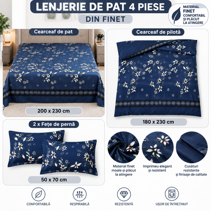 Lenjerie de Pat din Finet, 4 Piese, Model Floral, Bleumarin