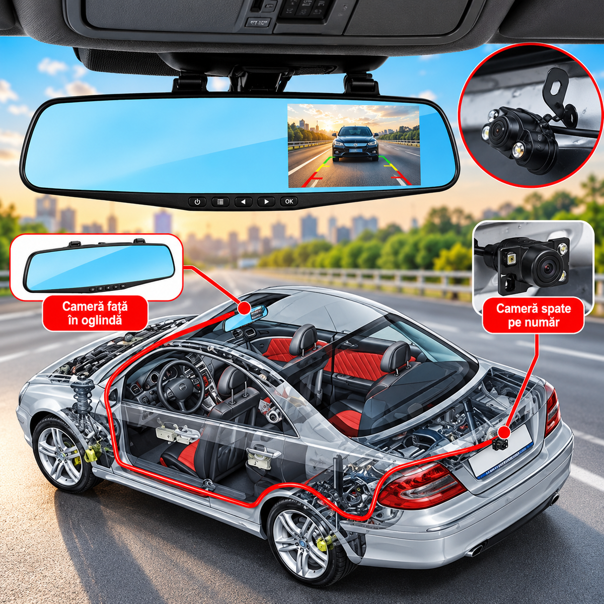 Oglindă Auto DVR cu Cameră Față + Spate, Full HD 1080P, Ecran 4,3”, Unghi Larg, Cameră Marșarier