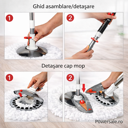 Set Mop Rotativ 360° cu Galeata Dubla, Maner Inox si 5 Rezerve Microfibra