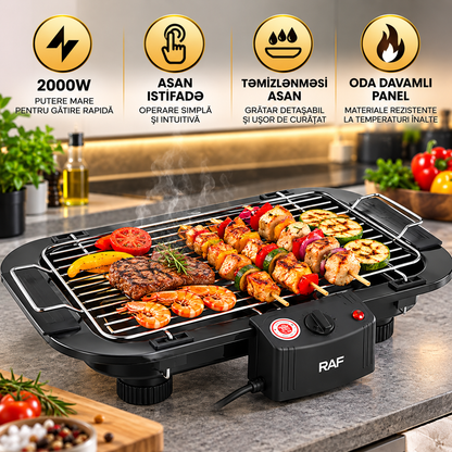 Grătar Electric RAF 2000W, 5 Trepte de Temperatură, Grilaj Inox, Termostat Reglabil, Negru