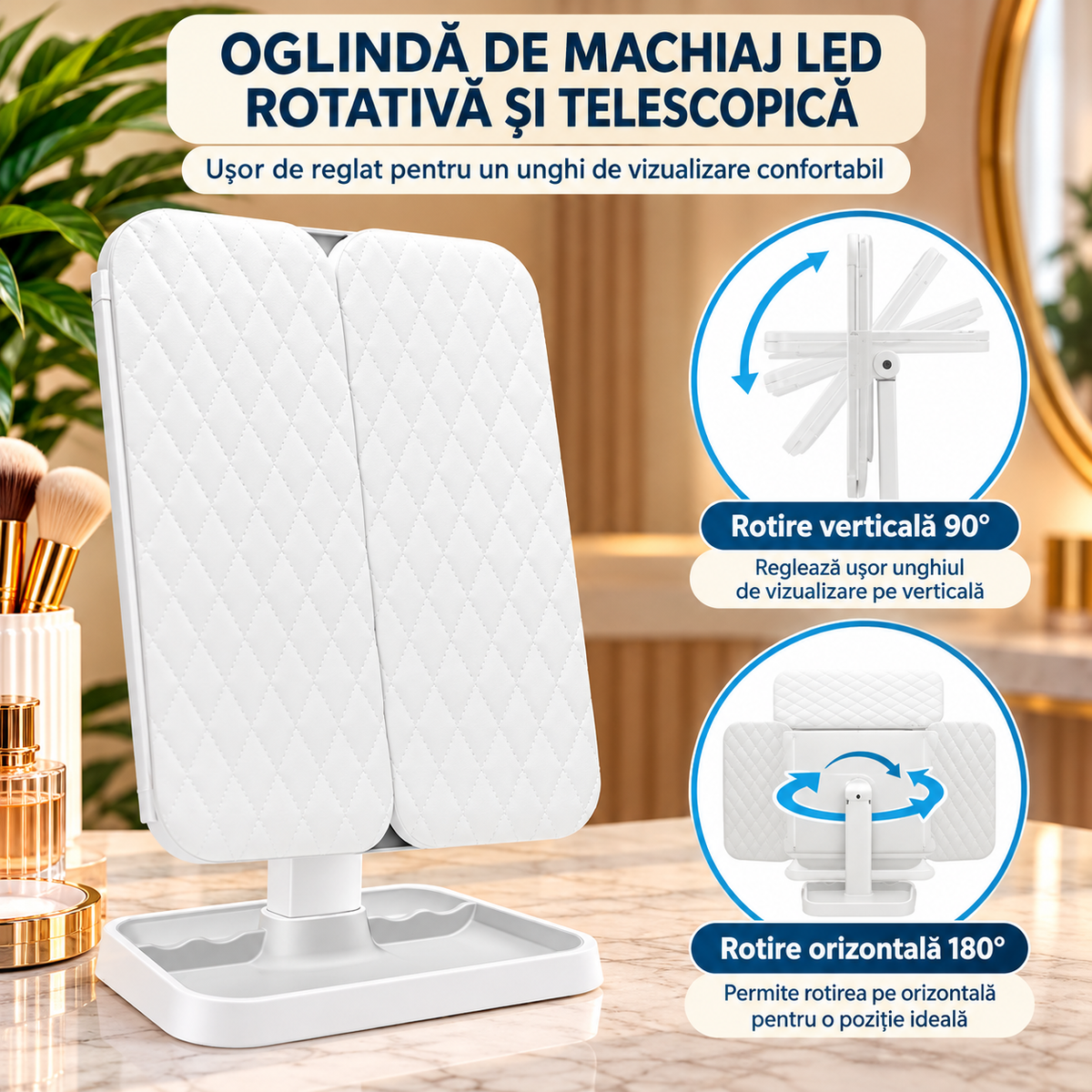 Oglindă Cosmetică LED pentru Machiaj – Pliabilă, cu Mărire, 3 Tipuri de Lumină, Intensitate Reglabilă, Control Touch, Albă