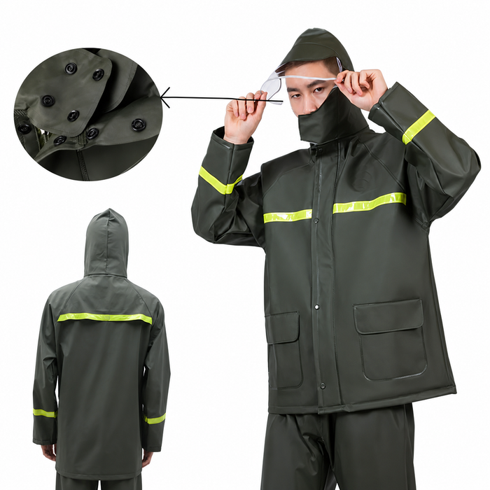 Costum Impermeabil Ploaie Profesional, Set Geaca si Pantaloni, Cu Gluga, Respirabil, Reflectorizant, Protectie Completa Exterior-Marime Universala-