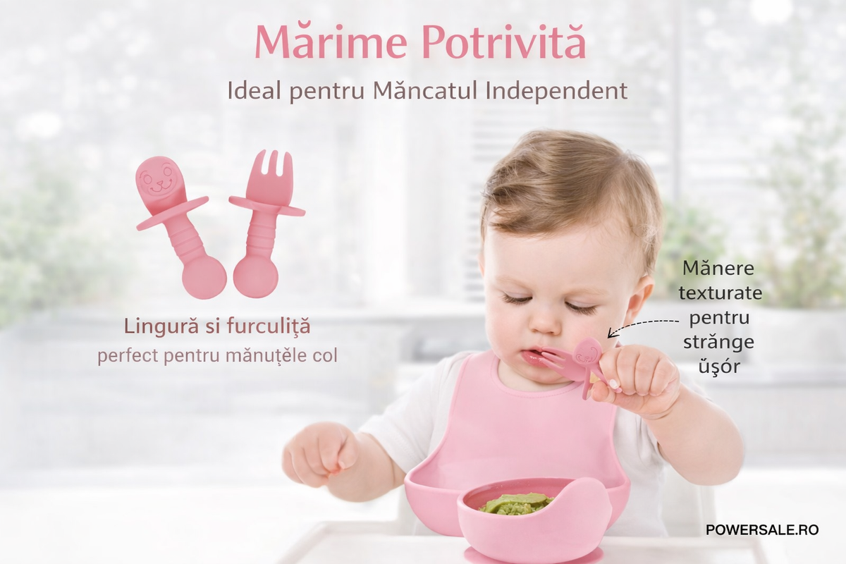 Set 10 piese hranire bebelusi din silicon alimentar – Set diversificare complet cu baveta reglabila