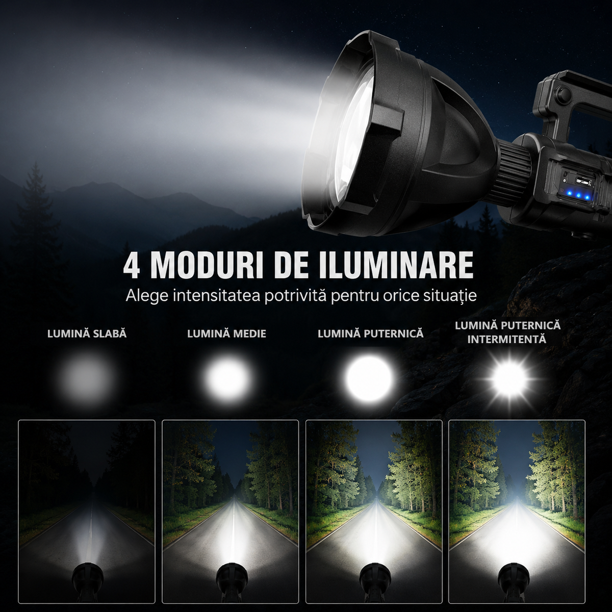 Lanterna LED Profesionala 4000 Lumeni cu Powerbank, Trepied Inclus, 4 Moduri Iluminare, USB, Raza Lunga + CADOU Lanterna Frontala cu Senzor Miscare - Boomsale.ro