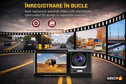 Camera auto DVR 3 canale, fata + interior + spate, Full HD 1080P, unghi larg 170°, ecran 2 inch, vedere nocturna, G-sensor, inregistrare in bucla