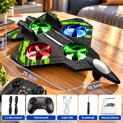 Avion cu Telecomandă RC, Acrobații 360°, Lumini LED Multicolore, Spumă Ușoară, Negru-Verde