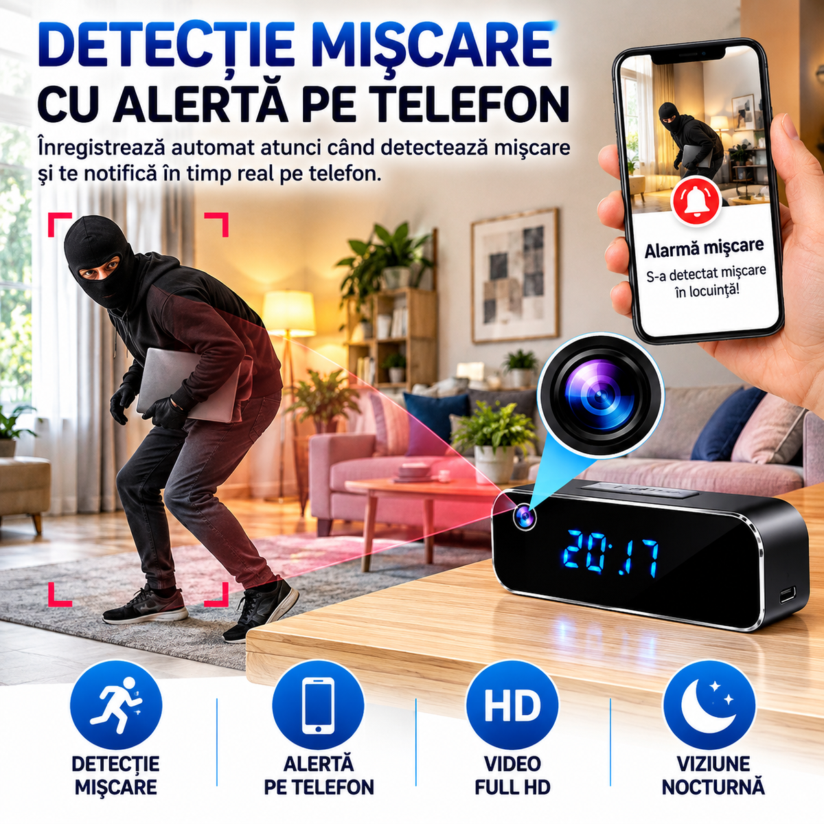Ceas Digital cu Cameră de Supraveghere WiFi, Full HD 1080P, Viziune Nocturnă, Detecție Mișcare, Microfon, Negru