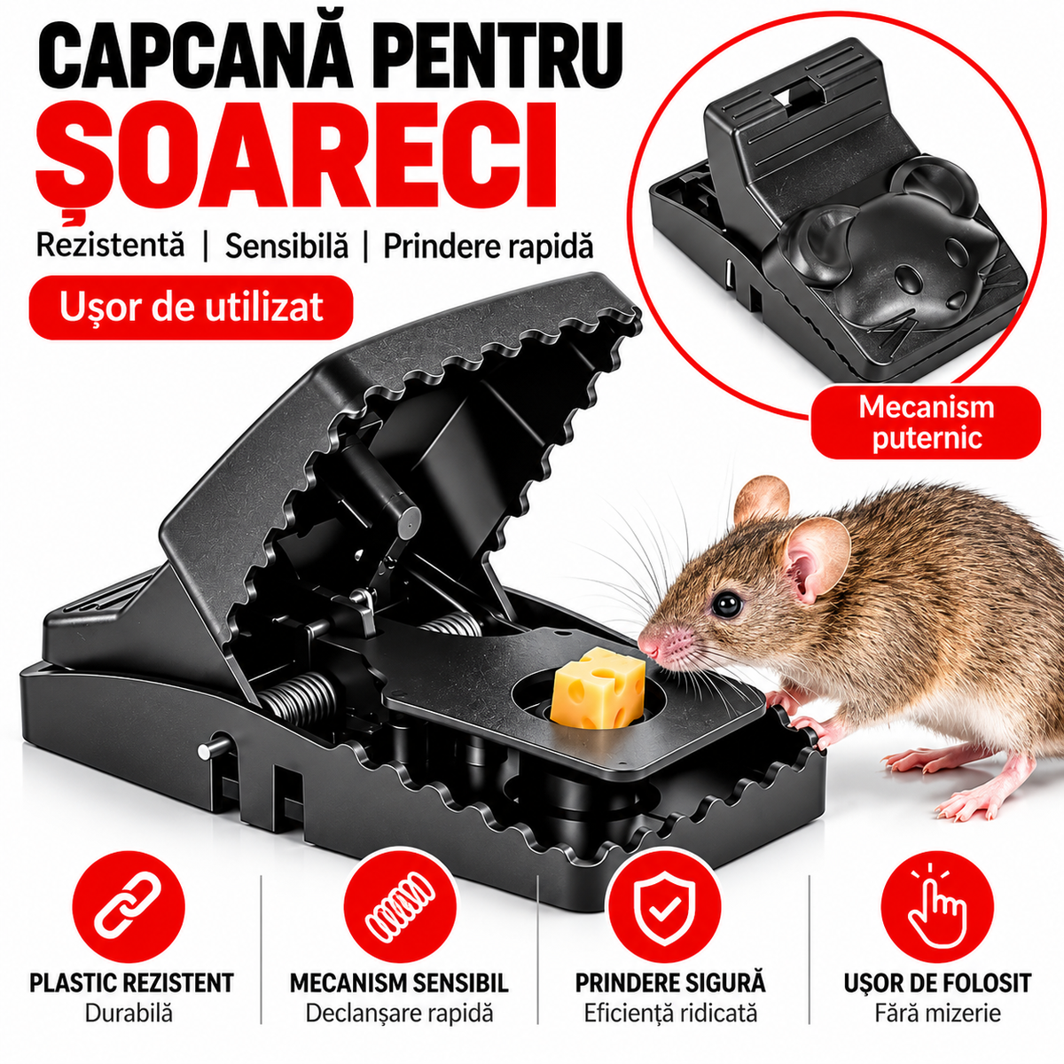 Set 10 Capcane din Plastic pentru Soareci 14x7.5cm cu Declansare Rapida, Reutilizabile