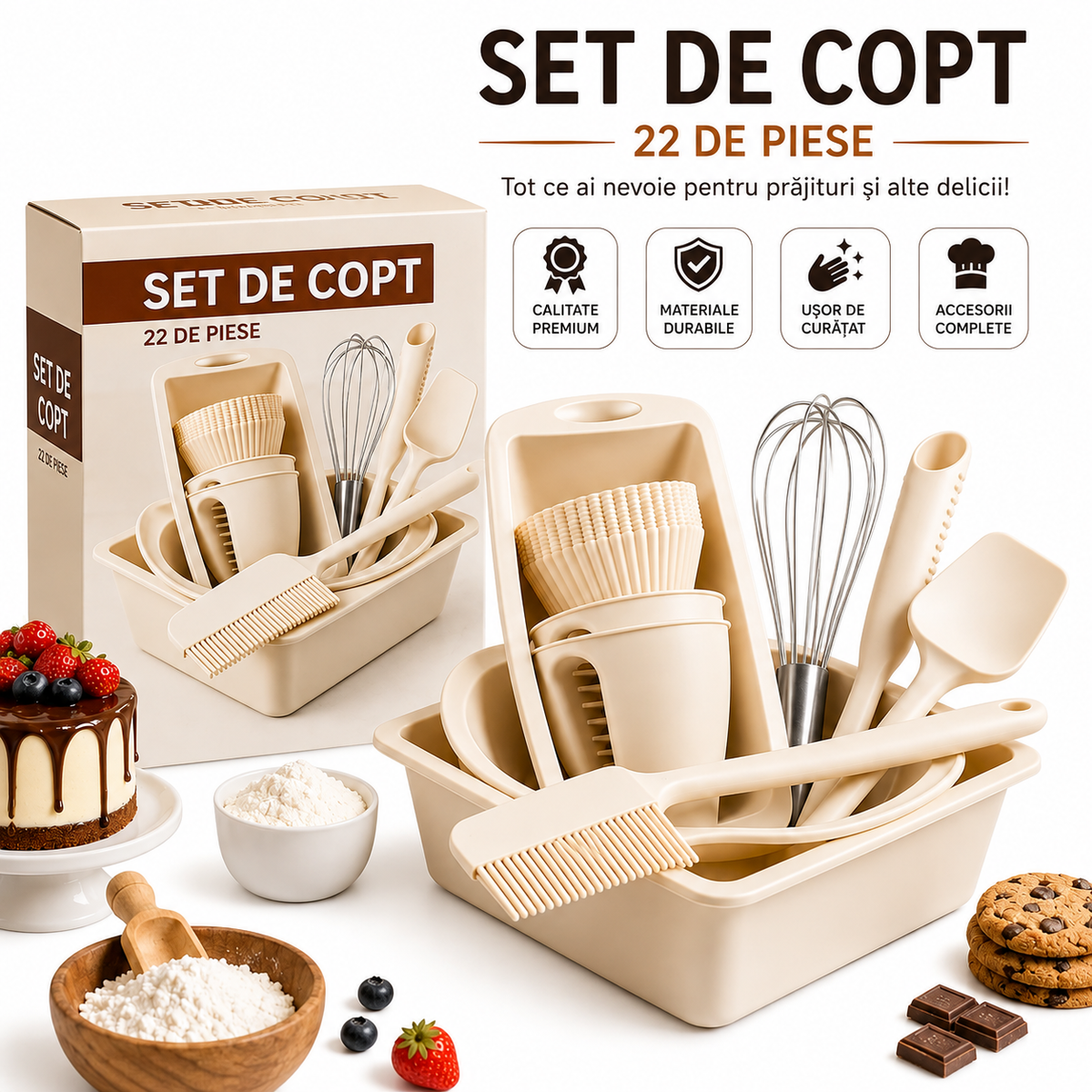 Set Copt 22 Piese din Silicon – Tăvi, Forme și Ustensile de Bucătărie