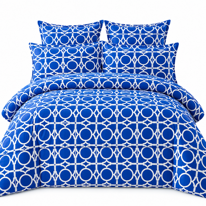 Lenjerie de Pat din Finet, 4 Piese, Albastru cu Model Geometric