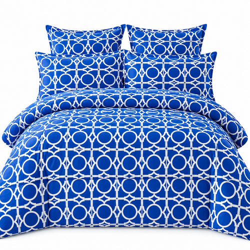 Lenjerie de Pat din Finet, 4 Piese, Albastru cu Model Geometric