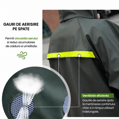 Costum Impermeabil Ploaie Profesional, Set Geaca si Pantaloni, Cu Gluga, Respirabil, Reflectorizant, Protectie Completa Exterior-Marime Universala-