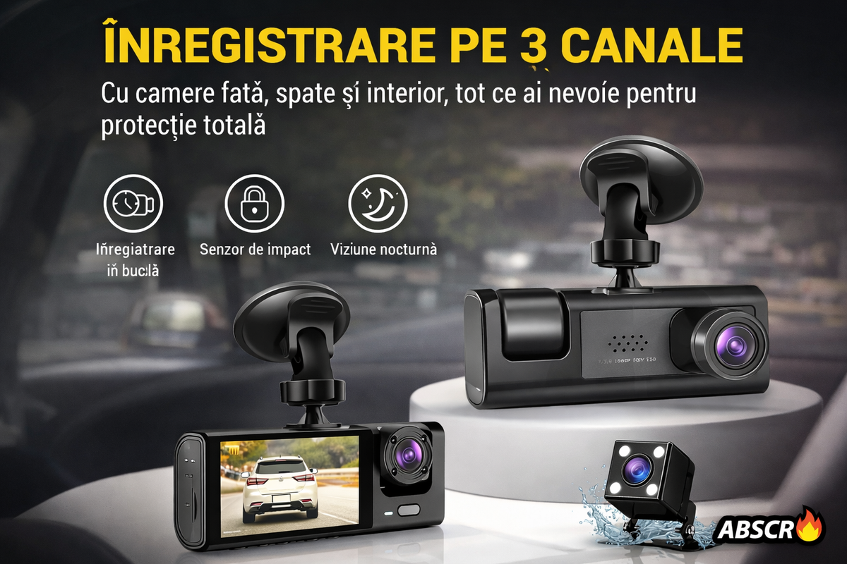 Camera auto DVR 3 canale, fata + interior + spate, Full HD 1080P, unghi larg 170°, ecran 2 inch, vedere nocturna, G-sensor, inregistrare in bucla