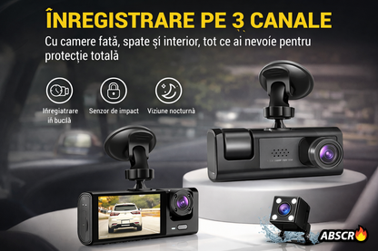 Camera auto DVR 3 canale, fata + interior + spate, Full HD 1080P, unghi larg 170°, ecran 2 inch, vedere nocturna, G-sensor, inregistrare in bucla