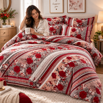 Lenjerie de Pat din Finet, 4 Piese, Model Floral cu Trandafiri, Roșu-Gri
