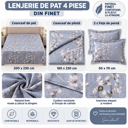 Lenjerie de Pat din Finet, 4 Piese, Model Floral, Gri