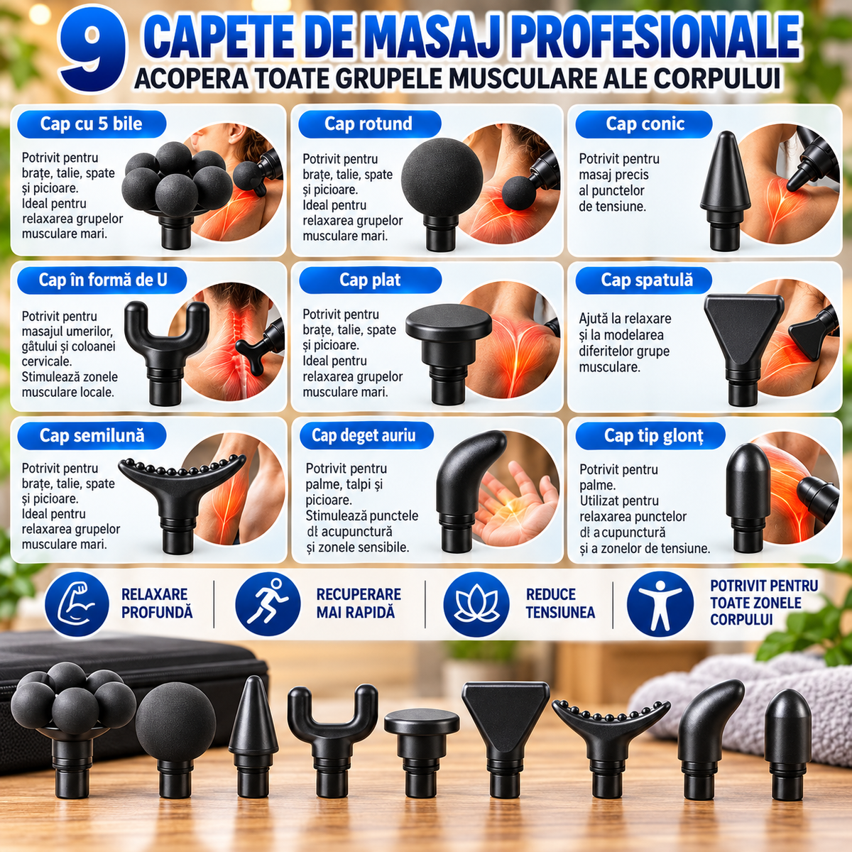 Aparat Electric de Masaj cu 9 Capete Interschimbabile, Cap cu 5 Bile, 6 Trepte de Viteză, Reîncărcabil