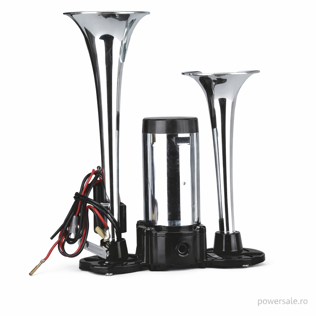 Claxon auto premium cromat cu doua goarne, compresor inclus, 12V