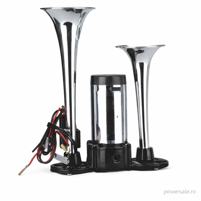 Claxon auto premium cromat cu doua goarne, compresor inclus, 12V