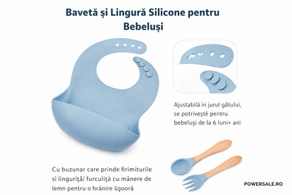 Set 10 piese hranire bebelusi din silicon alimentar – Set diversificare complet cu baveta reglabila
