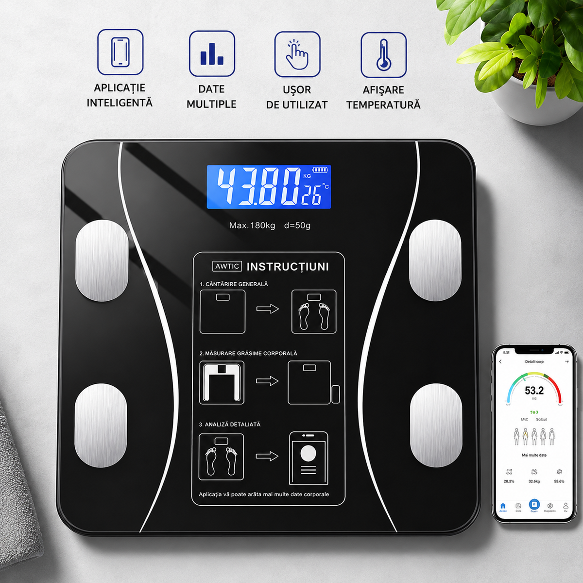 Cantar Smart Bluetooth cu Analiza Corporala Completa, IMC, Grasime, Masa Musculara si Apa Corporala, Aplicatie Android/iOS, Display LED, 180 Kg, Sticla Securizata PromotiiZilnice
