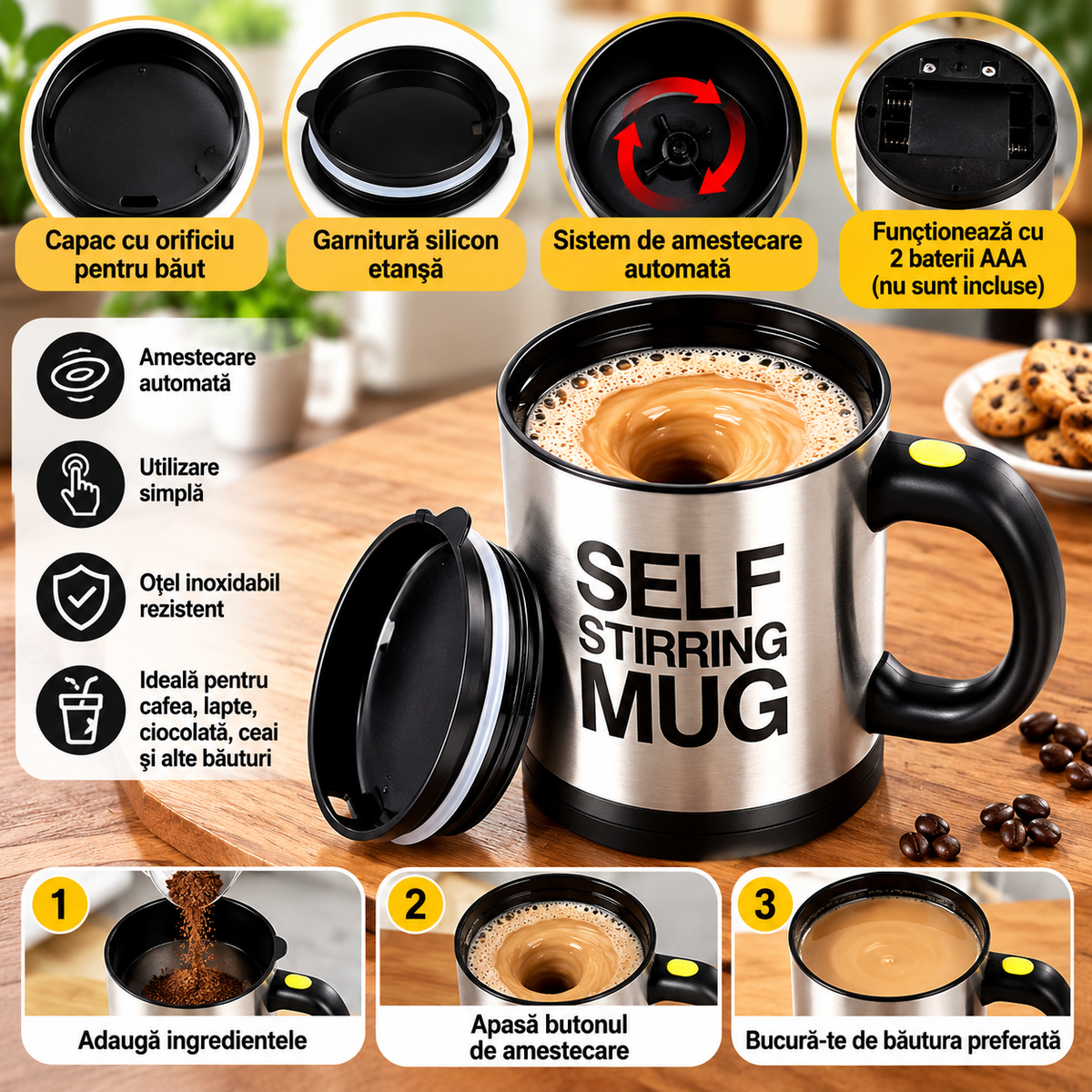 Set 2 Căni cu Amestecare Automată Self Stirring Mug, Inox, Capac, Buton Pornire