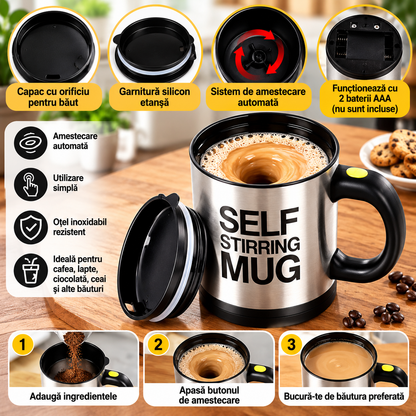 Set 2 Căni cu Amestecare Automată Self Stirring Mug, Inox, Capac, Buton Pornire