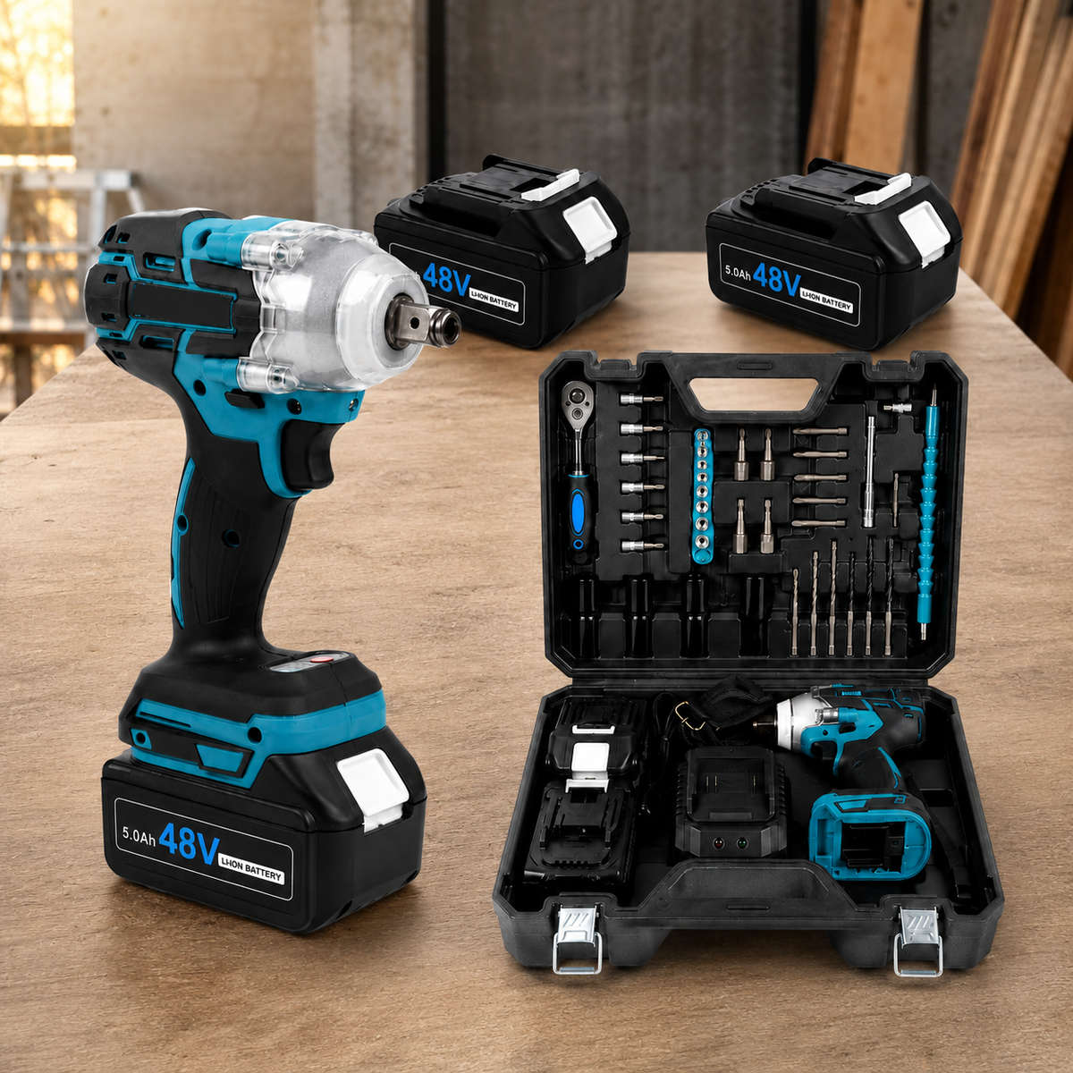 Trusă Mașină de Impact 550Nm, Brushless, 2 Acumulatori 48V 5Ah, 43 Accesorii