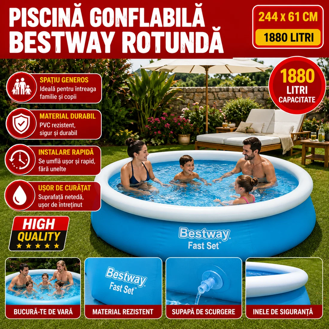 Piscină Gonflabilă Bestway Fast Set 244 x 61 cm, 1880 L, Montaj Rapid
