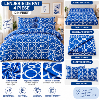 Lenjerie de Pat din Finet, 4 Piese, Albastru cu Model Geometric