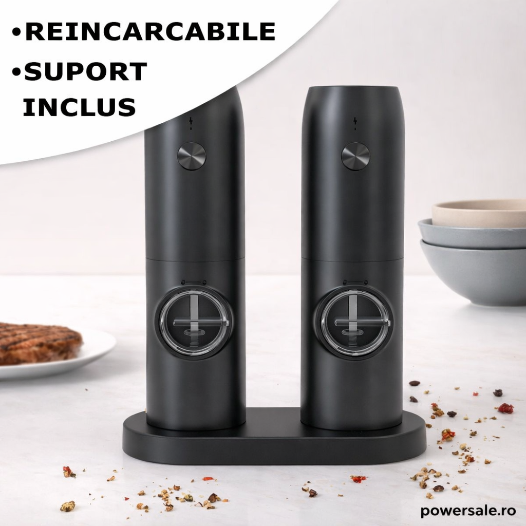 Set 2 Râșnițe Electrice Sare și Piper Reîncărcabile USB, Râșniță Automată Condimente cu Măcinare Reglabilă și Suport Încărcare