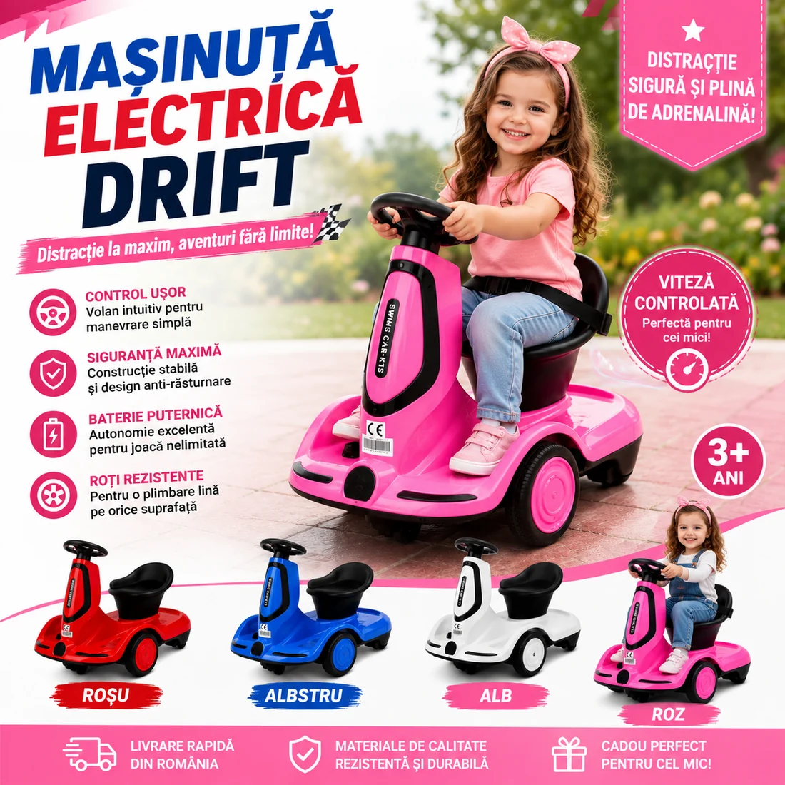 Mașinuță Electrică Drift pentru Copii, Pedală Accelerație, Telecomandă, Lumini LED și Acumulator Reîncărcabil