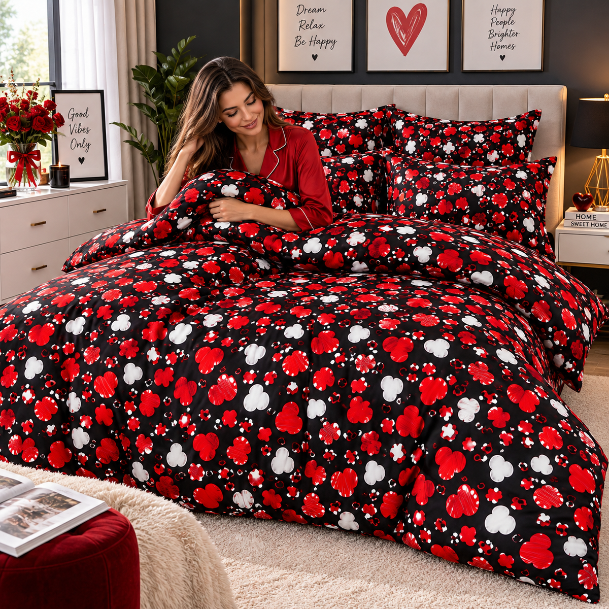 Lenjerie de Pat din Finet, 4 Piese, Model  Negru-Roșu