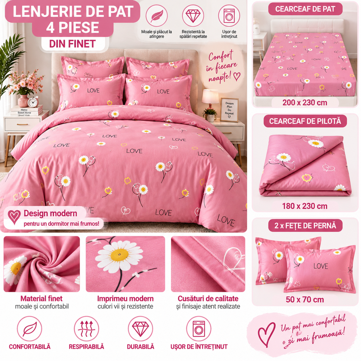 Lenjerie de Pat Finet 4 Piese – Model LOVE Floral