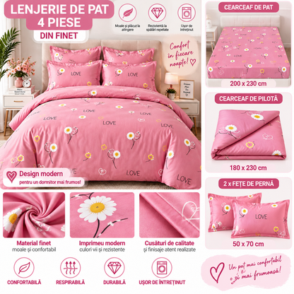 Lenjerie de Pat Finet 4 Piese – Model LOVE Floral