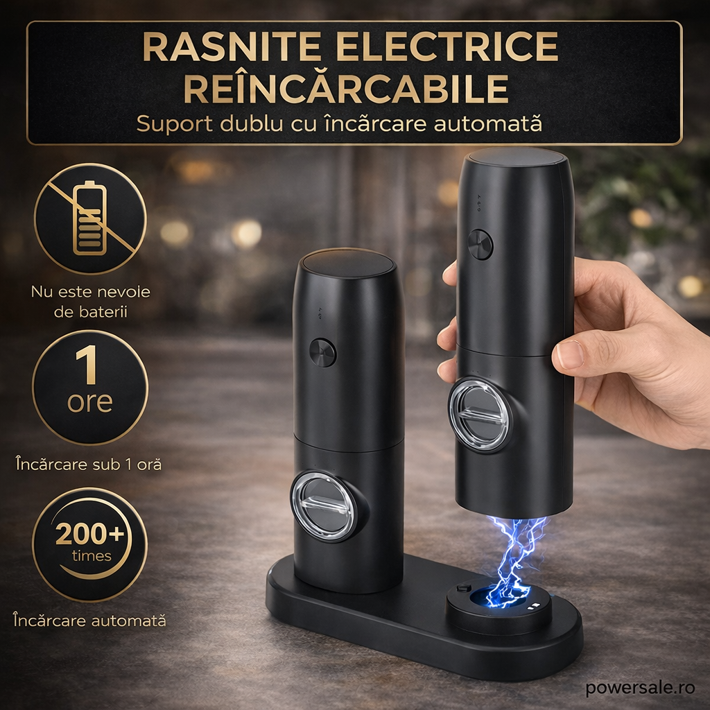 Set 2 Râșnițe Electrice Sare și Piper Reîncărcabile USB, Râșniță Automată Condimente cu Măcinare Reglabilă și Suport Încărcare
