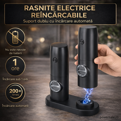 Set 2 Râșnițe Electrice Sare și Piper Reîncărcabile USB, Râșniță Automată Condimente cu Măcinare Reglabilă și Suport Încărcare