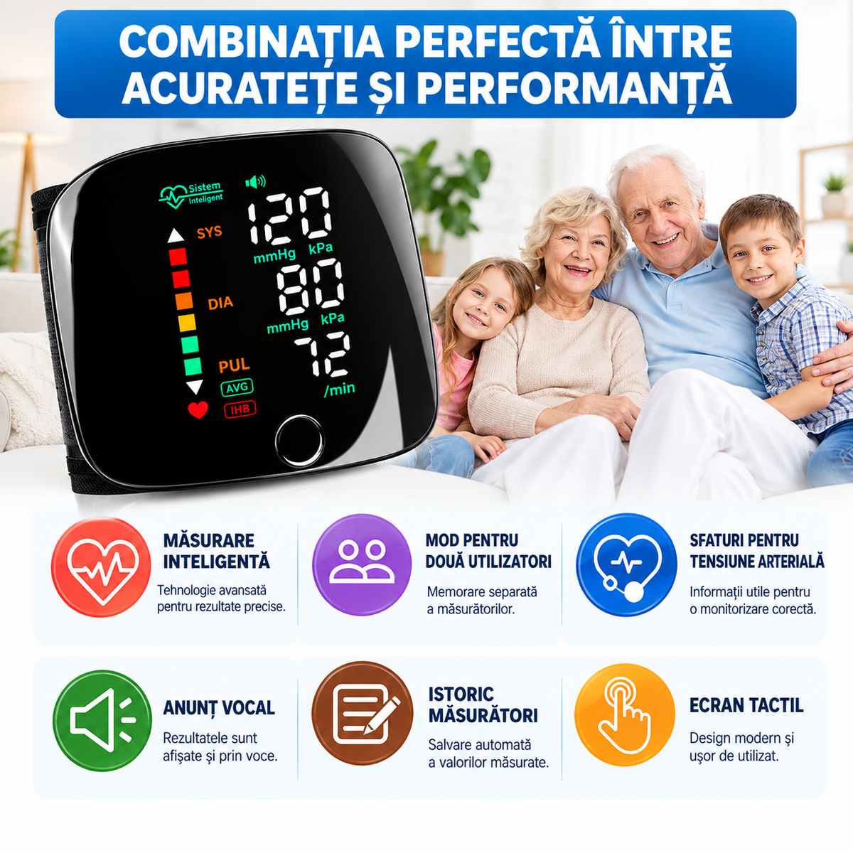Tensiometru Digital de Încheietură, Ecran LED Mare, Măsurare Automată, Detectare Puls Neregulat, Memorie, Anunț Vocal, USB-C, Negru