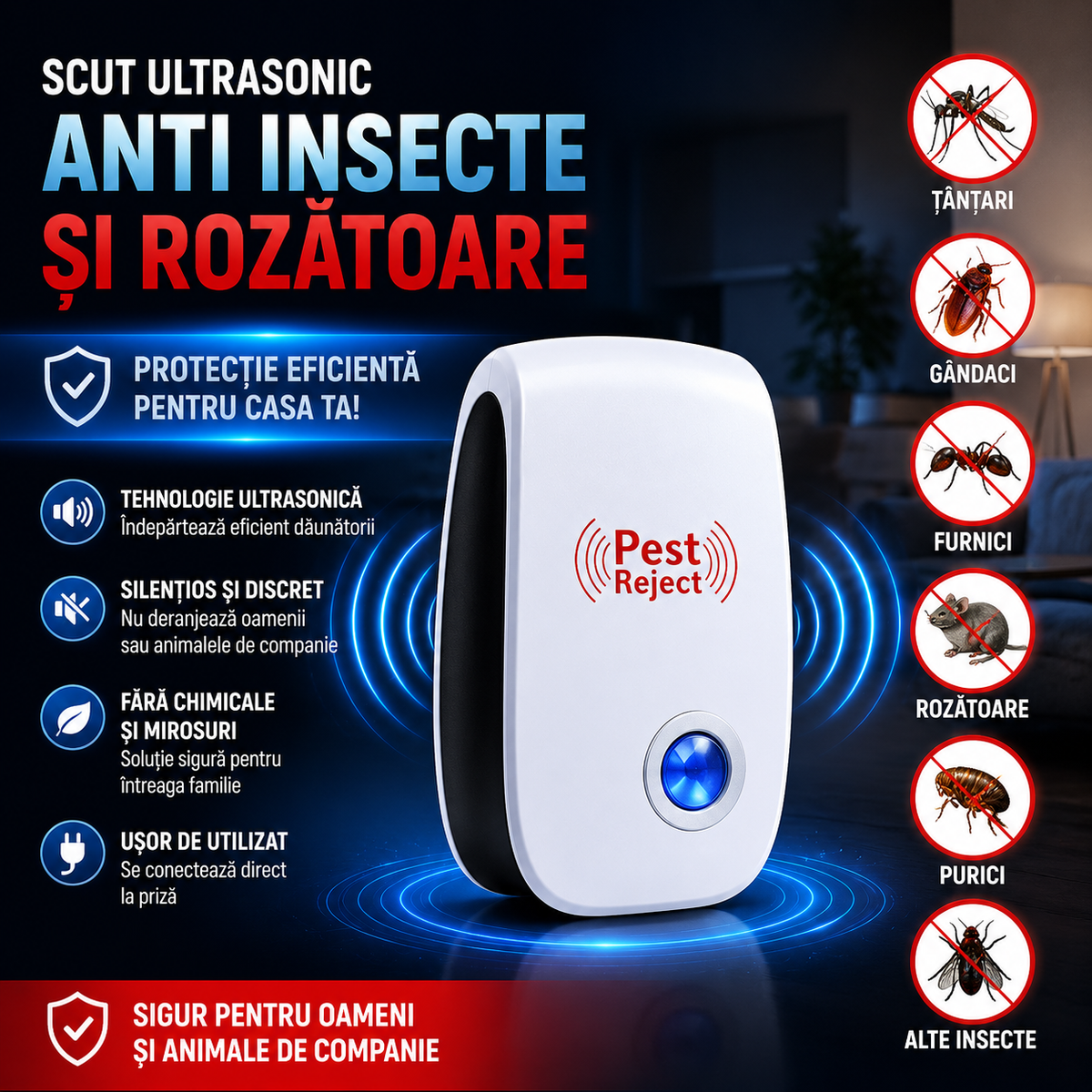 Set 5 Bucati Aparat Ultrasonic Anti Tantari, Gandaci, Furnici si Rozatoare
