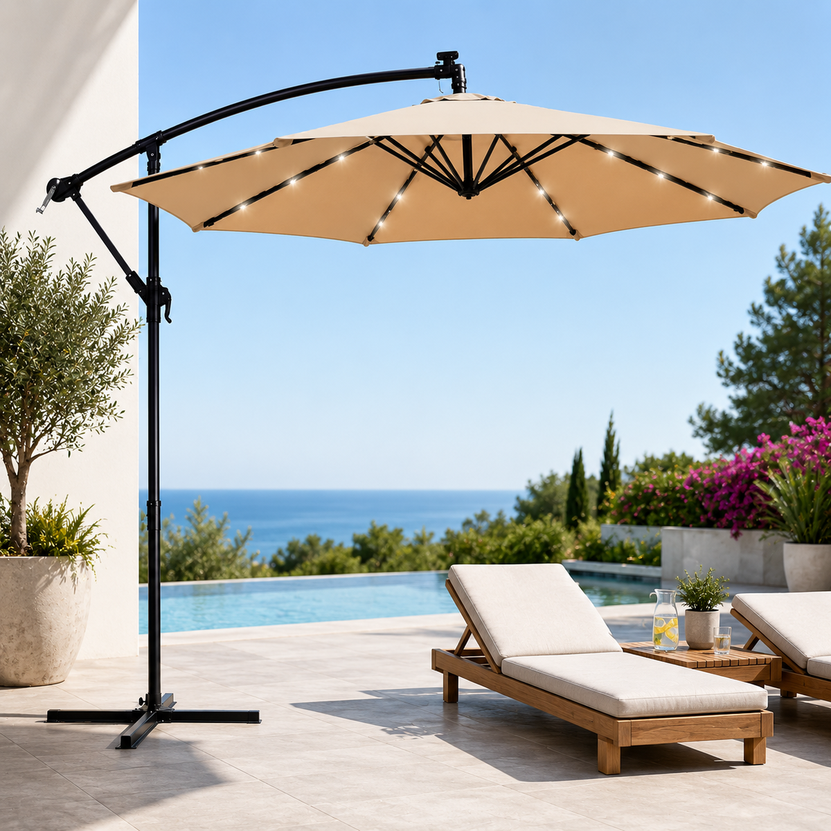 Umbrela Solara de Gradina 305 cm, 24 LED, Inclinare Reglabila, Bej