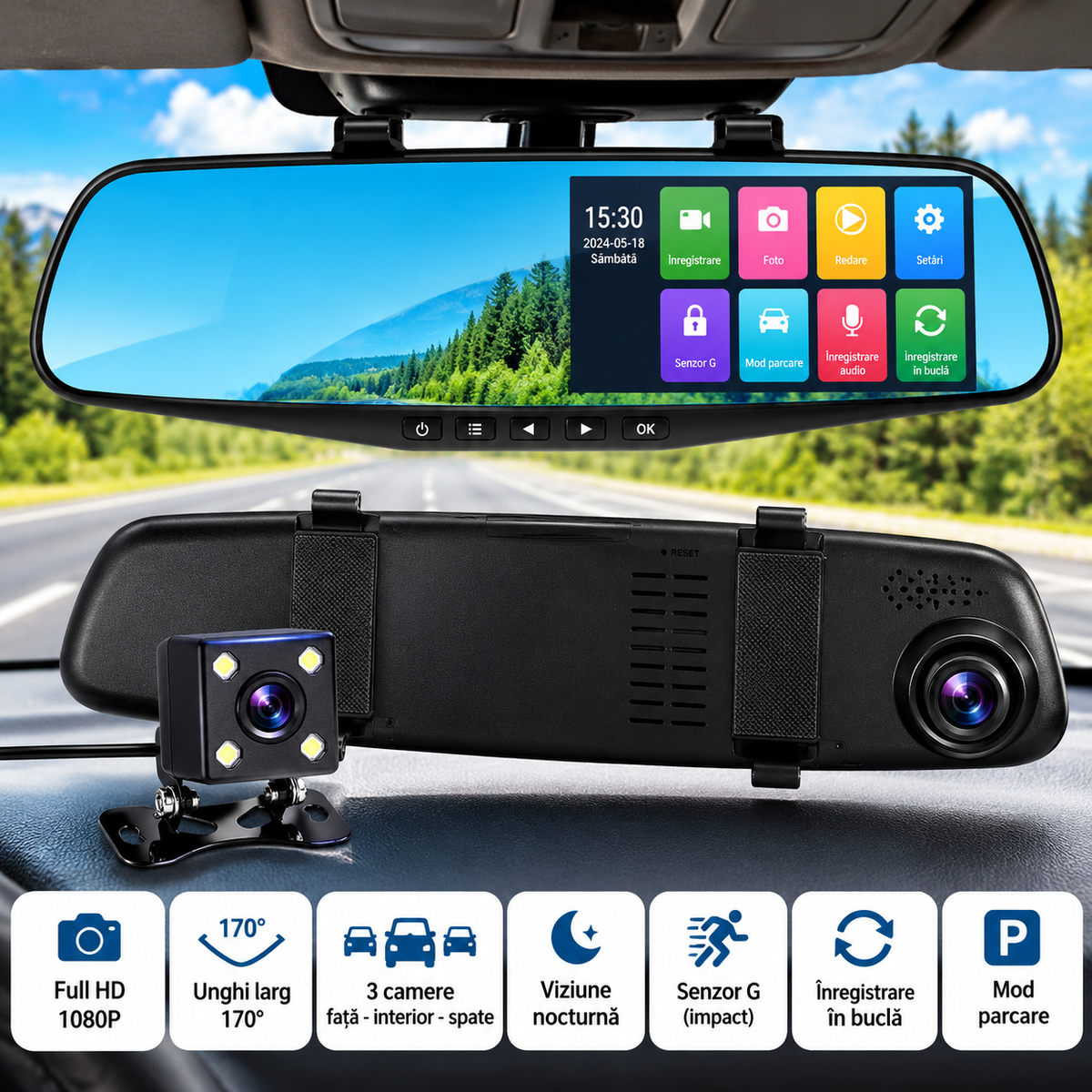 Oglindă Auto DVR cu Cameră Față + Spate, Full HD 1080P, Ecran 4,3”, Unghi Larg, Cameră Marșarier