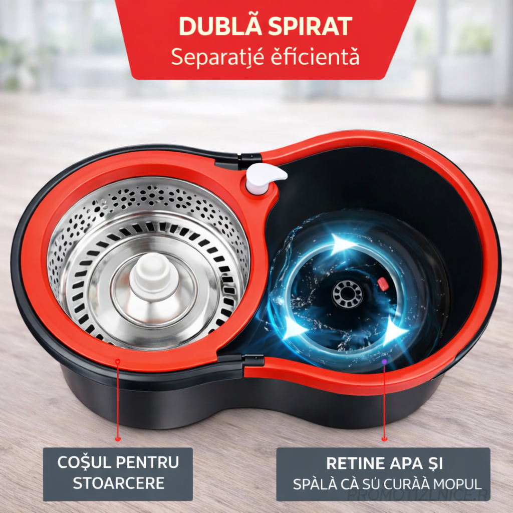 Set Mop Rotativ 360° cu Galeata Dubla, Maner Inox si 5 Rezerve Microfibra