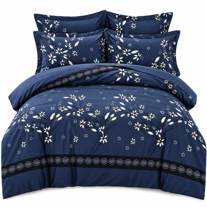Lenjerie de Pat din Finet, 4 Piese, Model Floral, Bleumarin
