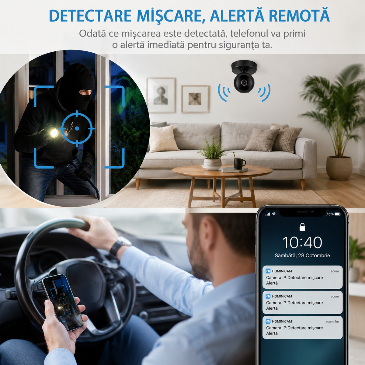 Set 3 Camere Supraveghere WiFi 1080P – Detectare Mișcare, Vedere Nocturnă